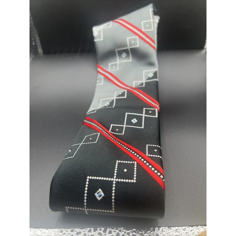 Wembley Geometric necktie. Woven. France. Gray, Black,Red, Blue